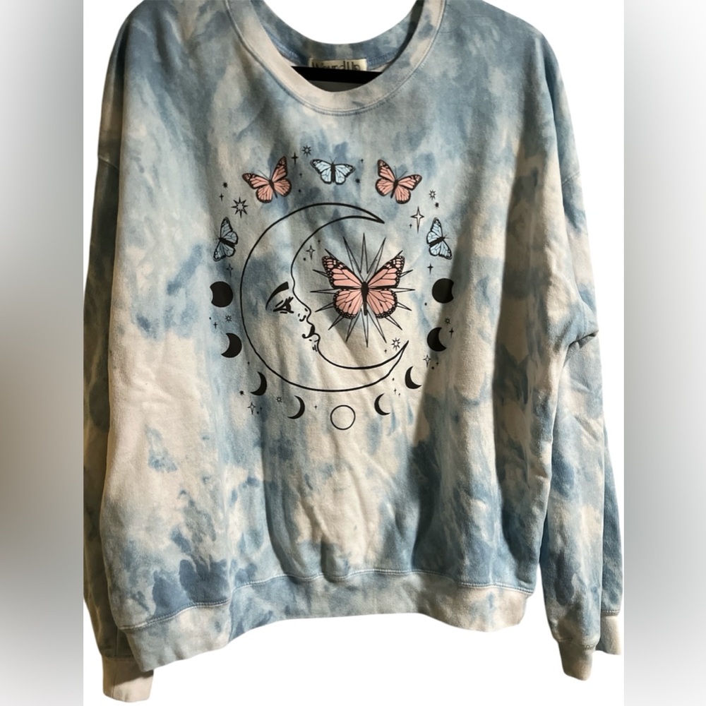 Blue & White Tie-Dye Sweater with Moon and Butterfly Design